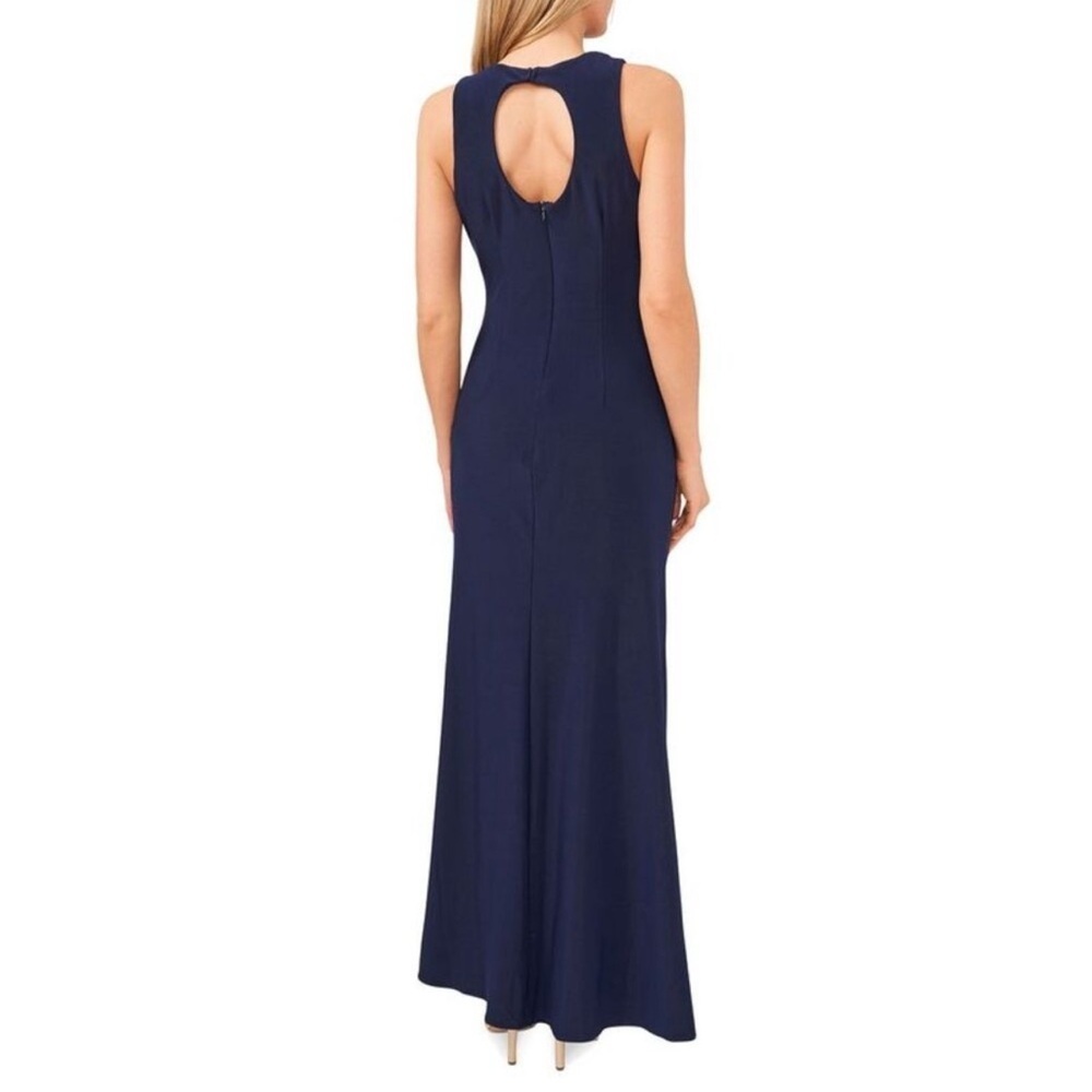 MSK Pearl Beaded Neck Size 10 Navy Blue Front Slit Full Length Gown Dress - Picture 2 of 7